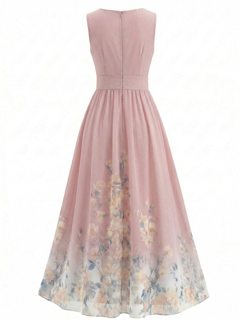 1940er Blumen V-Ausschnitt Ärmellos Midi Kleid