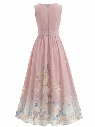 1940er Blumen V-Ausschnitt Ärmellos Midi Kleid