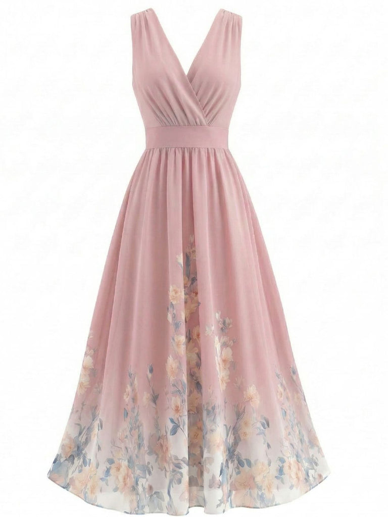 1940er Blumen V-Ausschnitt Ärmellos Midi Kleid