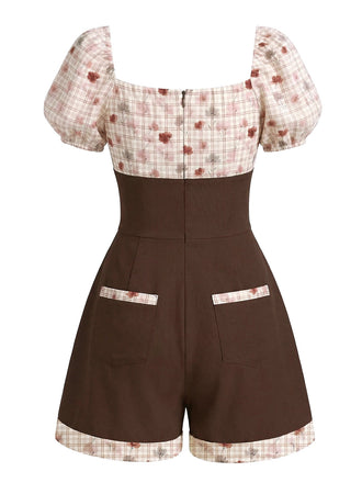 Brauner 1950er Kariert Blumen Karree Ausschnitt Puffärmel Strampler