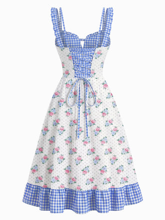 Blau 1950er Blumen Gingham Kariertes Trägerkleid