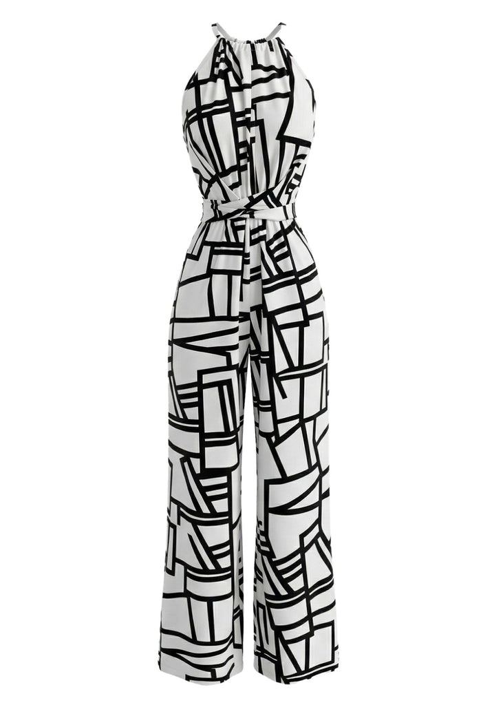 Weißer 70er Jumpsuit mit Neckholder und Geometrisch