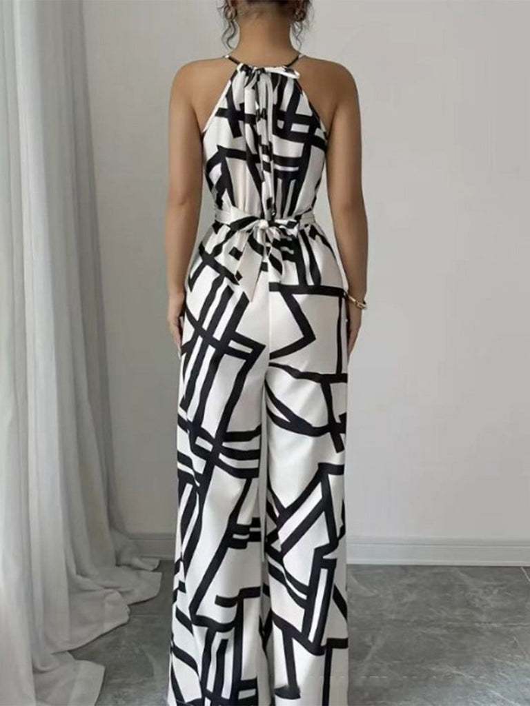 Weißer 70er Jumpsuit mit Neckholder und Geometrisch