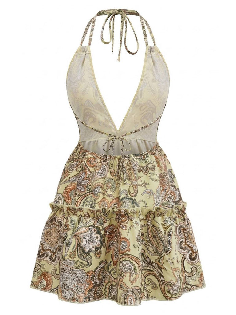 70er Boho Minikleid mit Tiefer V-Ausschnitt und Neckholder