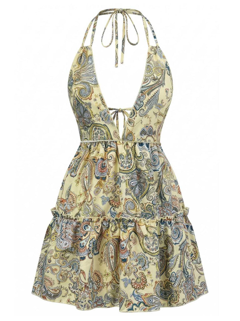 70er Boho Minikleid mit Tiefer V-Ausschnitt und Neckholder