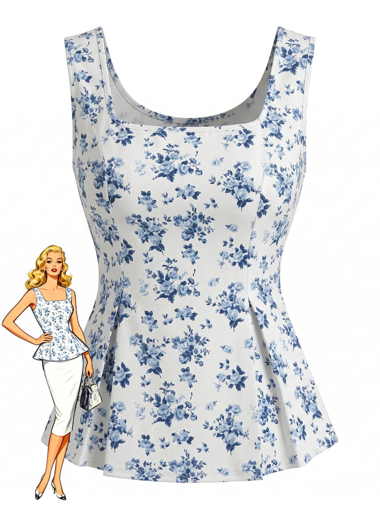 Blaues 50er Ärmelloses Top mit Blumen-Print und Eckiger Ausschnitt