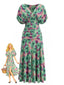 Grünes 40er Blumenkleid mit V-Ausschnitt und geraffter Taille
