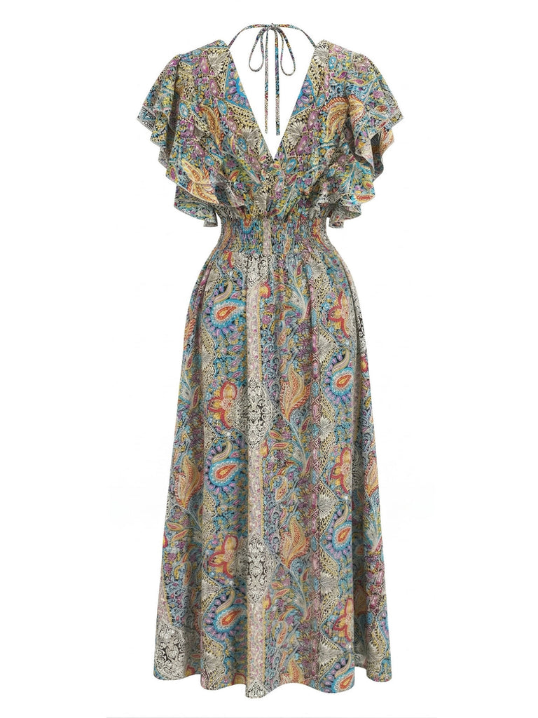 Mehrfarbiges 70er Smockkleid mit Rüschen und Böhmen