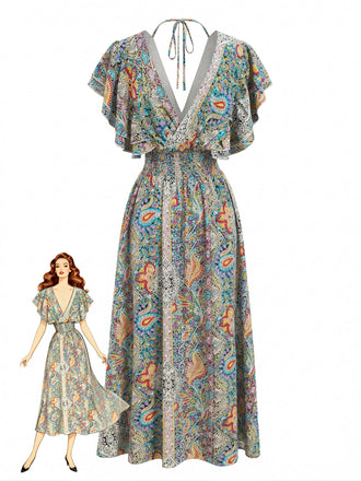 Mehrfarbiges 70er Smockkleid mit Rüschen und Böhmen