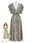 Mehrfarbiges 70er Boho Kleid mit Rüschenärmeln und Smok