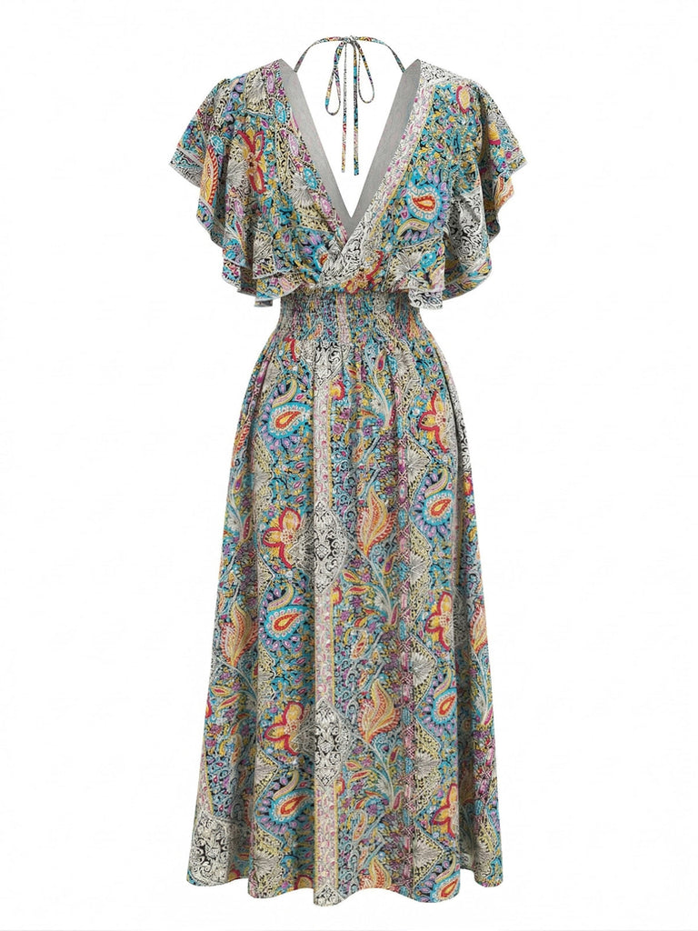 Mehrfarbiges 70er Smockkleid mit Rüschen und Böhmen