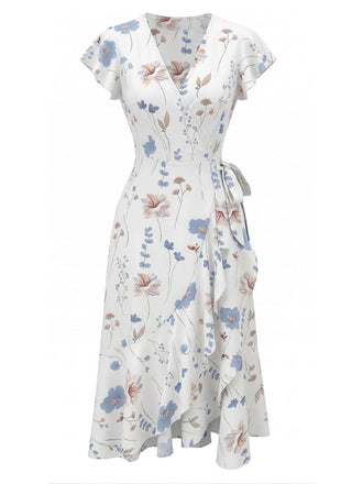 Weißes 40er Wickelkleid mit Flatterärmel und Blumen-Print
