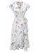 Weißes 40er Wickelkleid mit Flatterärmel und Blumen-Print