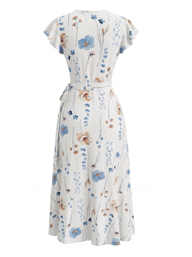 Weißes 40er Wickelkleid mit Flatterärmel und Blumen-Print
