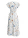 Weißes 40er Wickelkleid mit Flatterärmel und Blumen-Print