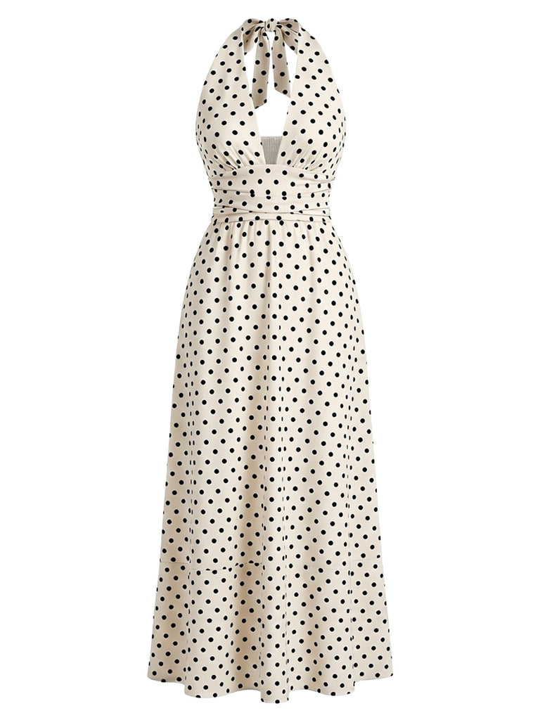 30er Maxikleid mit Polka-Dots und V-Ausschnitt
