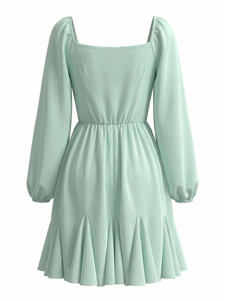 Hellgrünes 50er Chiffon-Kleid mit Rüschen und Ballonärmel