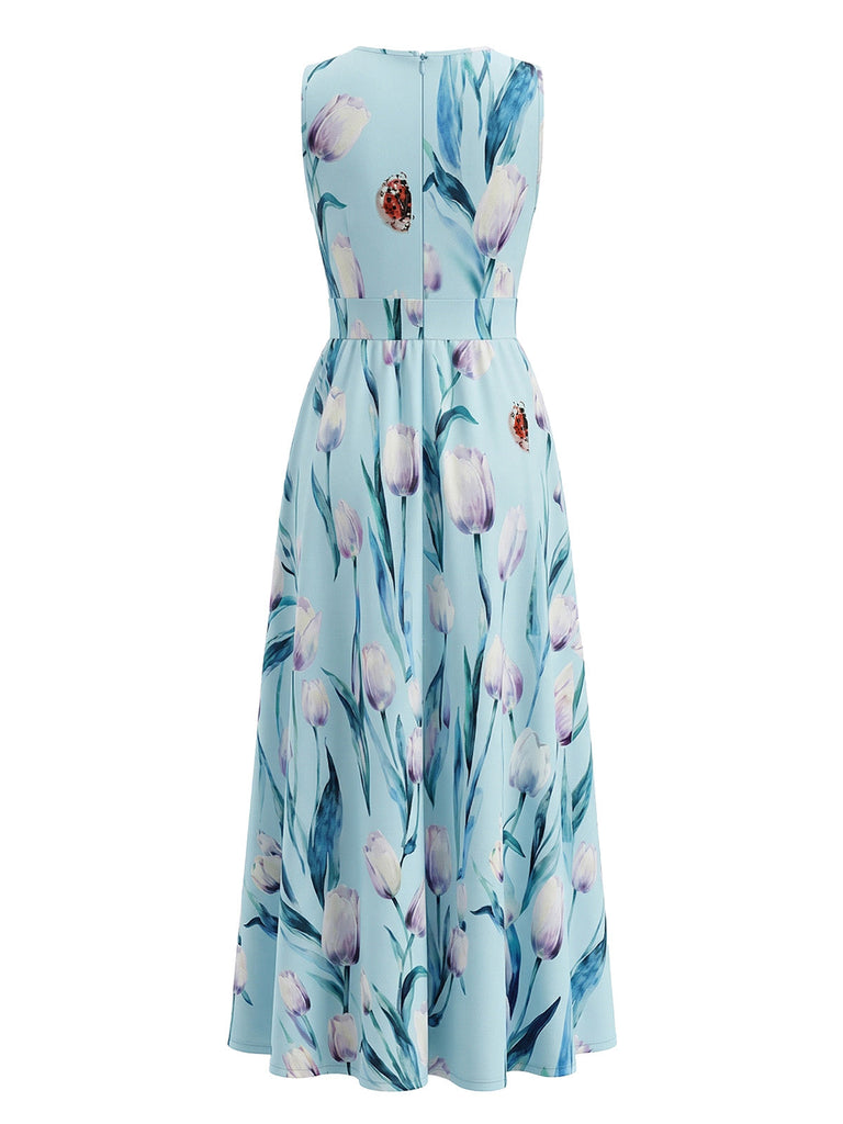 Blaues 30er Maxikleid mit V-Ausschnitt und Blumen