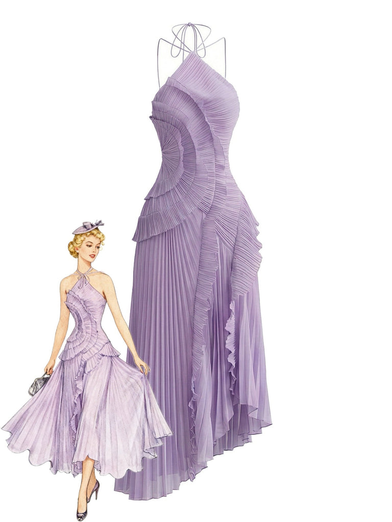 1930er Neckholder Rüschen Plissiertes Maxikleid mit Schlitz
