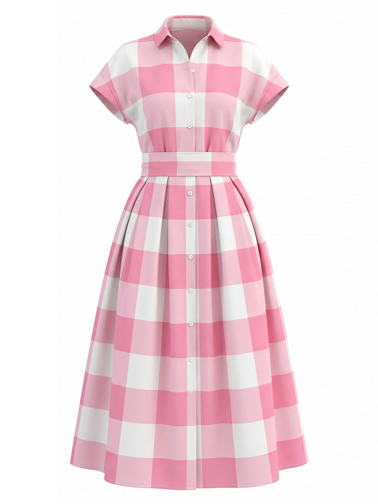 Rosa 50er Shirtkleid mit Flügelärmel und Gingham