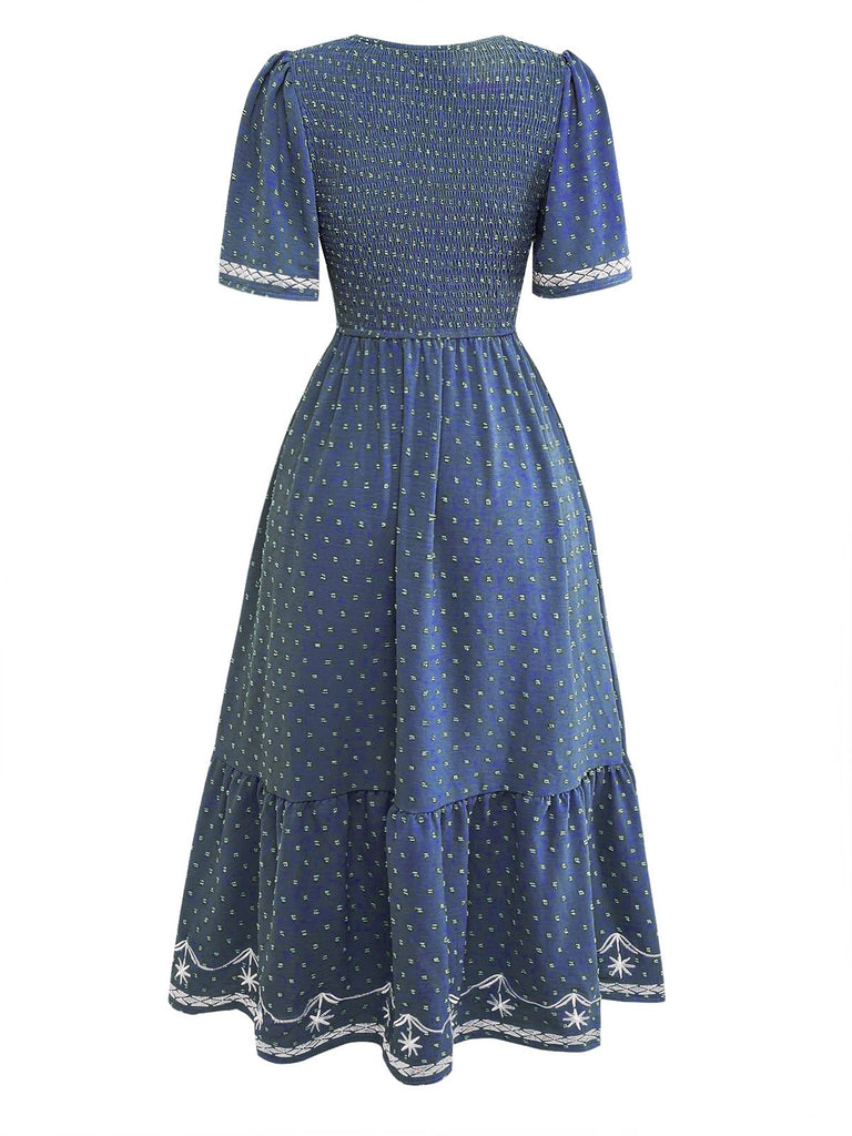 40er Jacquard-Kleid mit Stickerei und eckigem Ausschnitt
