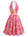 Blau 1950er Blumen V-Ausschnitt Kleid