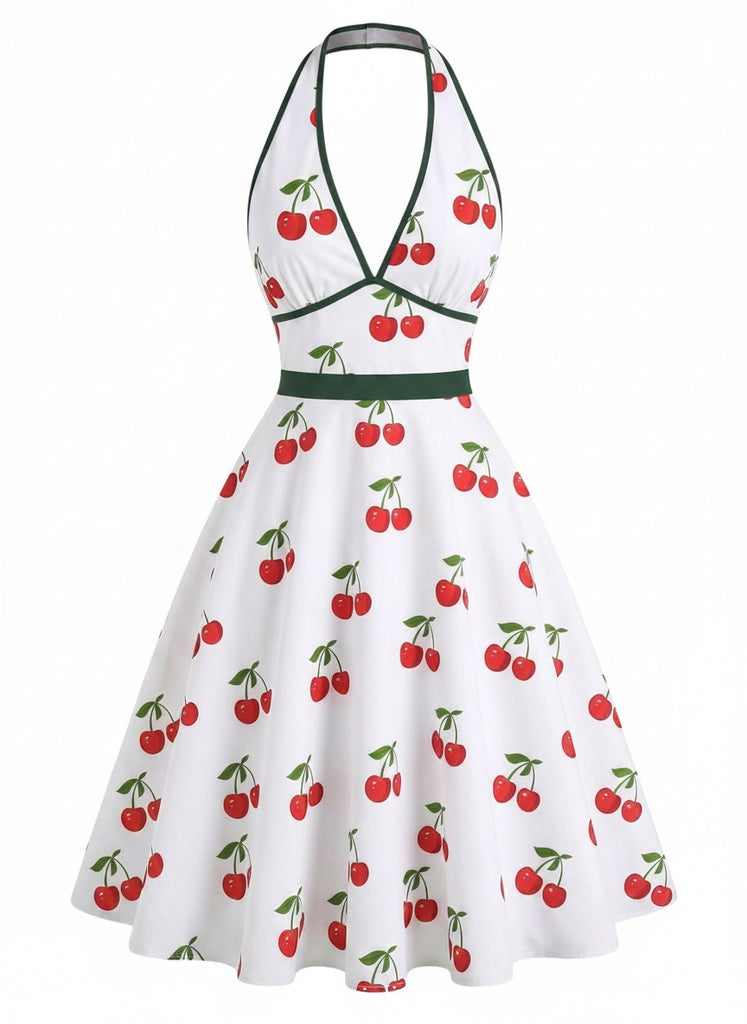 [Vorverkauf] Weißes 50er Neckholder-Kleid mit Kirschen und V-Ausschnitt