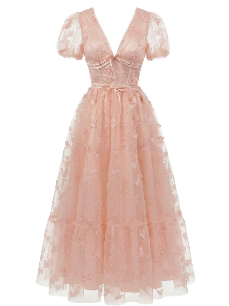 1930er Schmetterling Blumen Netz Bestickt Maxi Kleid