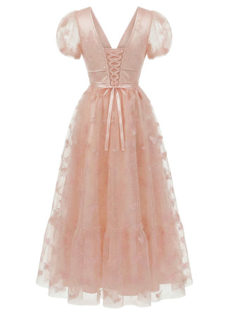1930er Schmetterling Blumen Netz Bestickt Maxi Kleid
