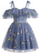 1950er Schulterfrei Blumen Bestickt Netz Kleid