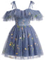 1950er Schulterfrei Blumen Bestickt Netz Kleid