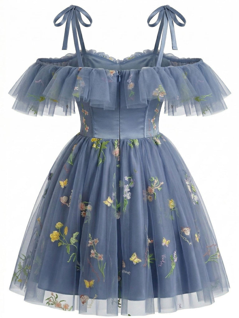 1950er Schulterfrei Blumen Bestickt Netz Kleid