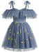1950er Schulterfrei Blumen Bestickt Netz Kleid
