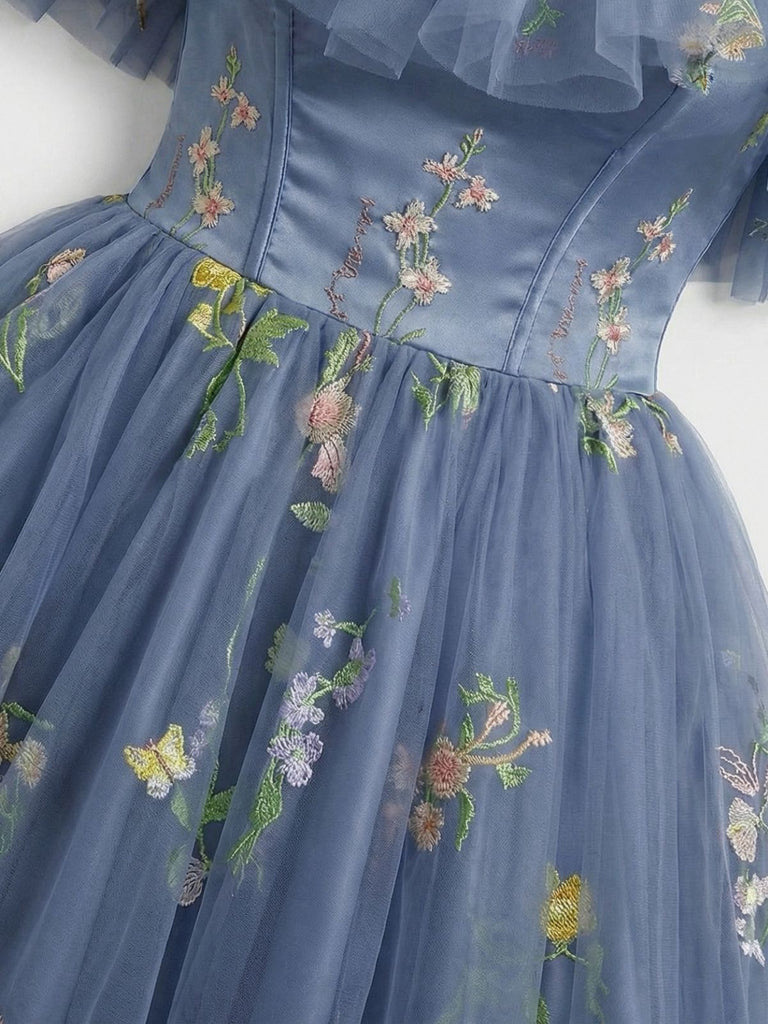1950er Schulterfrei Blumen Bestickt Netz Kleid