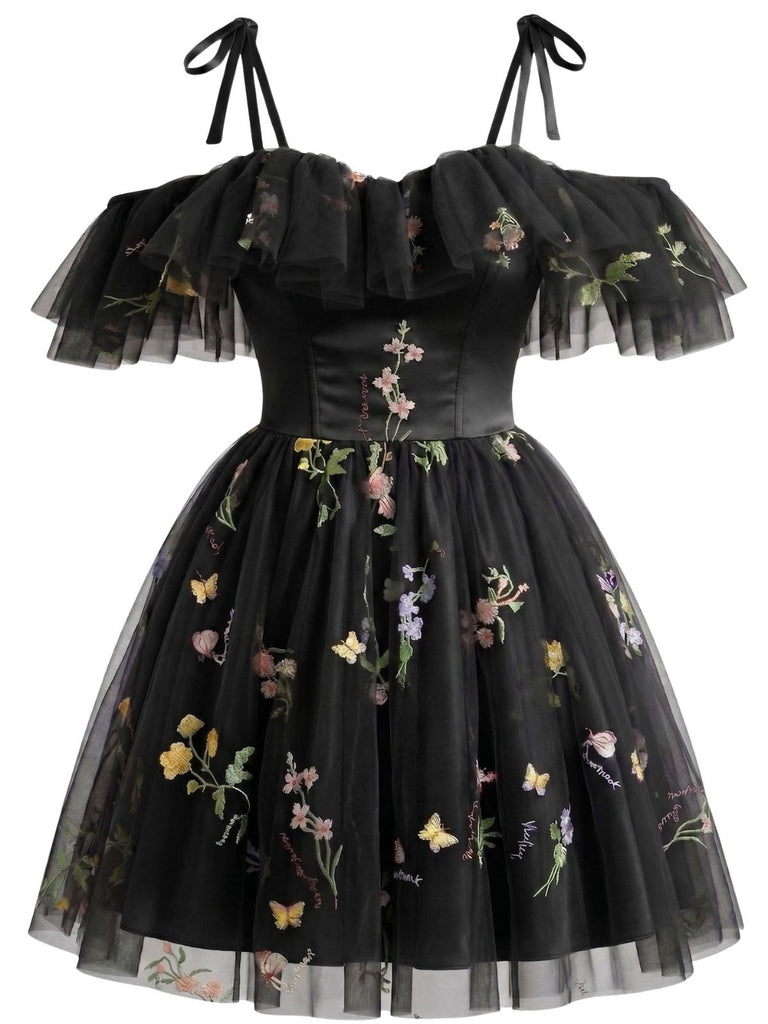 1950er Schulterfrei Blumen Bestickt Netz Kleid