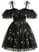 1950er Schulterfrei Blumen Bestickt Netz Kleid