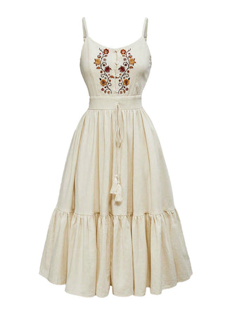Beige 50er Besticktes Kleid mit Spaghettiträger