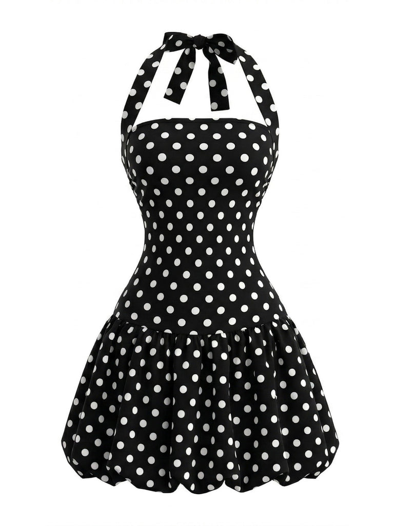 Schwarzes 60er Kleid mit Polka-Dots und Neckholder