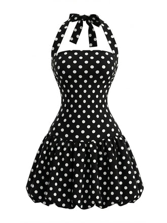 Schwarzes 60er Kleid mit Polka-Dots und Neckholder