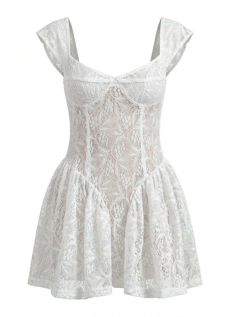 Weißes 50er Kleid mit Flügelärmel und Spitze