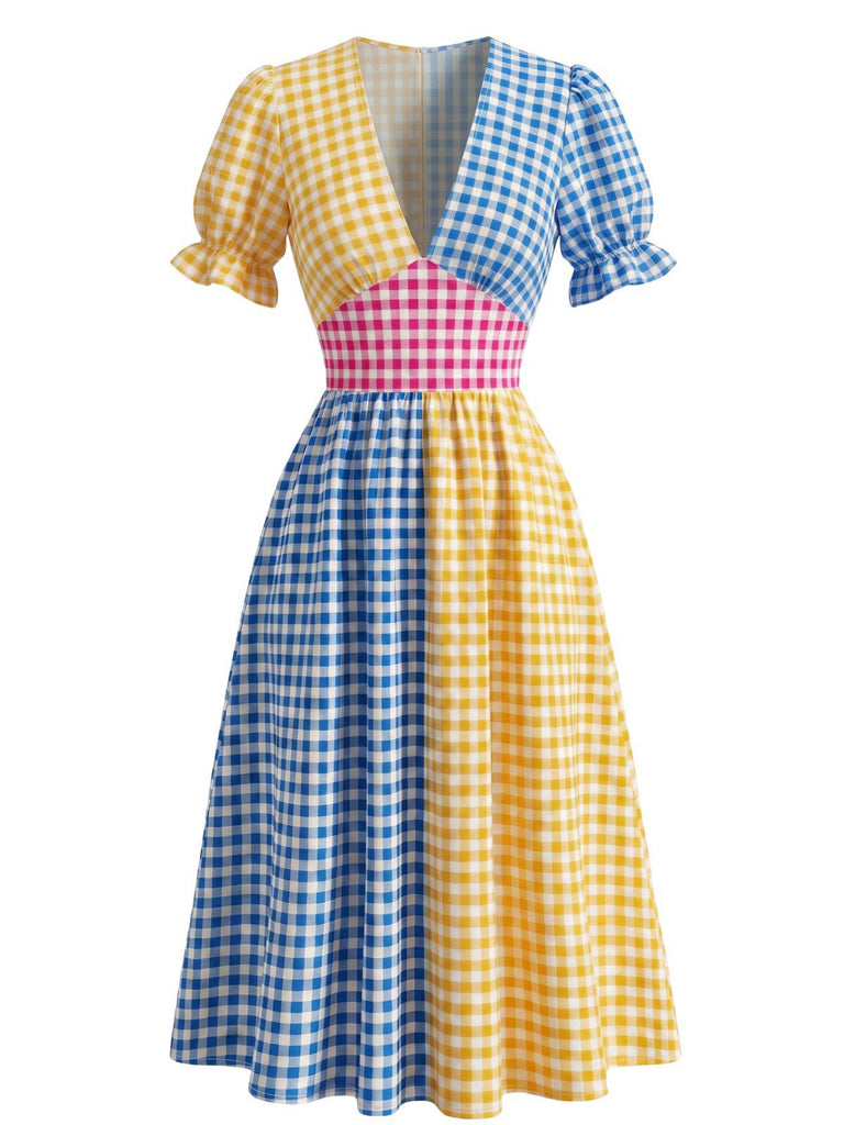 Mehrfarbiges 40er Swingkleid mit Karo und Patchwork