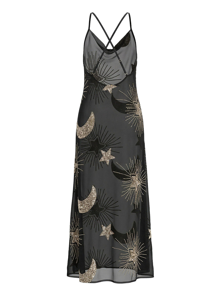 1970er Sheer Celestial Besticktes Pailletten Maxi Cover-Up Kleid