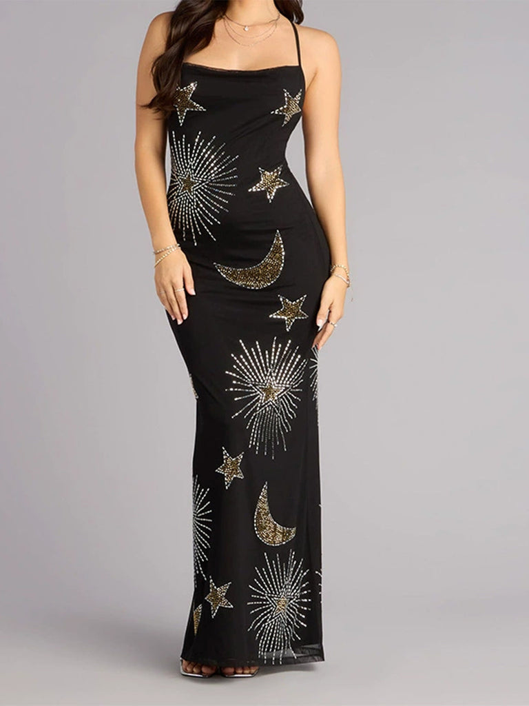 1970er Sheer Celestial Besticktes Pailletten Maxi Cover-Up Kleid