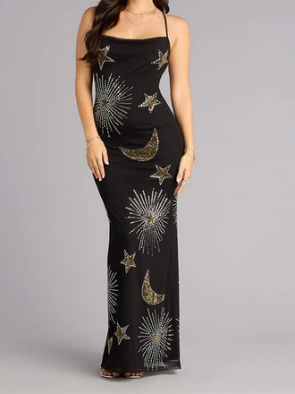 1970er Sheer Celestial Besticktes Pailletten Maxi Cover-Up Kleid