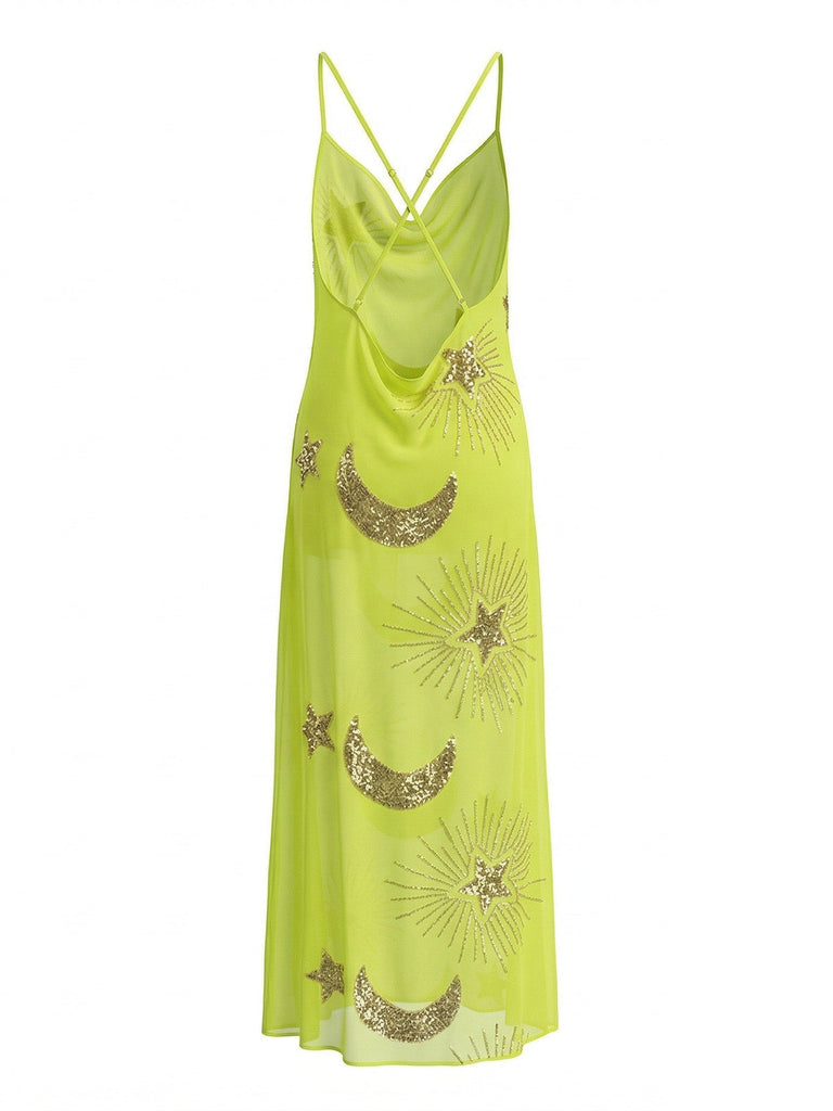 1970er Sheer Celestial Besticktes Pailletten Maxi Cover-Up Kleid