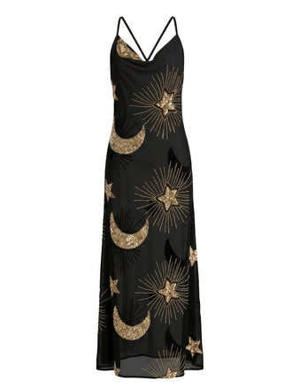1970er Transparent Celestial Bestickt Pailletten Maxi Cover-Up Kleid