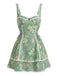 Grünes 70er Boho Minikleid mit Spaghettiträger und Blumen