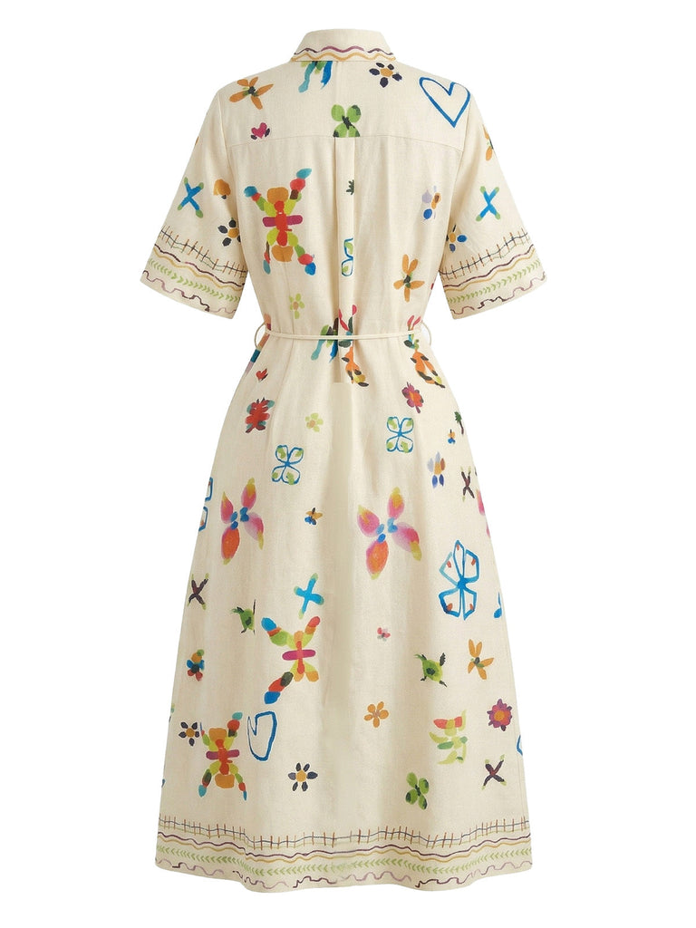 Beiges 70er Hemd-Maxikleid mit Folk-Blumen