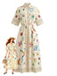 Beiges 70er Maxi-Hemdkleid mit Folklore-Blumenmuster