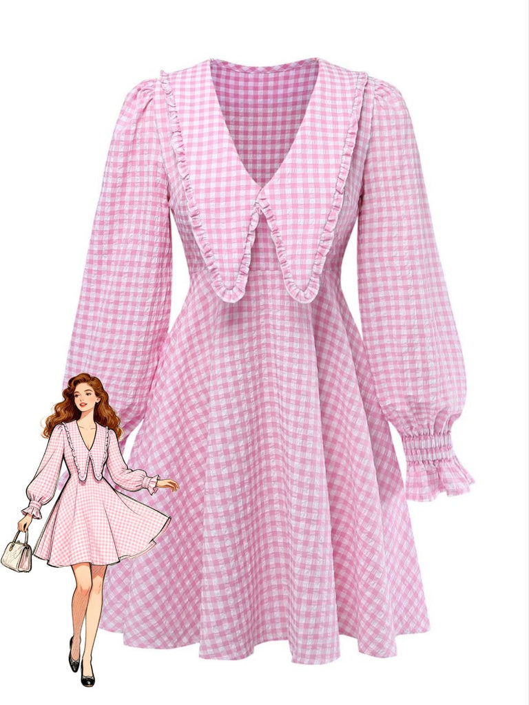 Rosa 50er Kleid mit Gingham und Puffärmeln